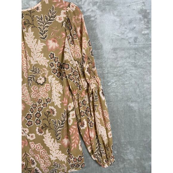 NEW Women's Small Brown and Pink Ruffle Long Sleeve Floral V-Neck Blouse Top - Picture 4 of 8